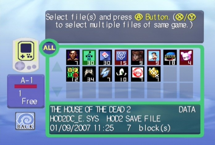 Image above: Dreamcast save file screen