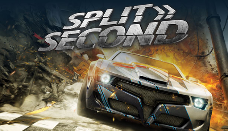Racing car speeding through explosion, debris flying. Bold text "Split Second" above. Intense action scene, dark and fiery background.