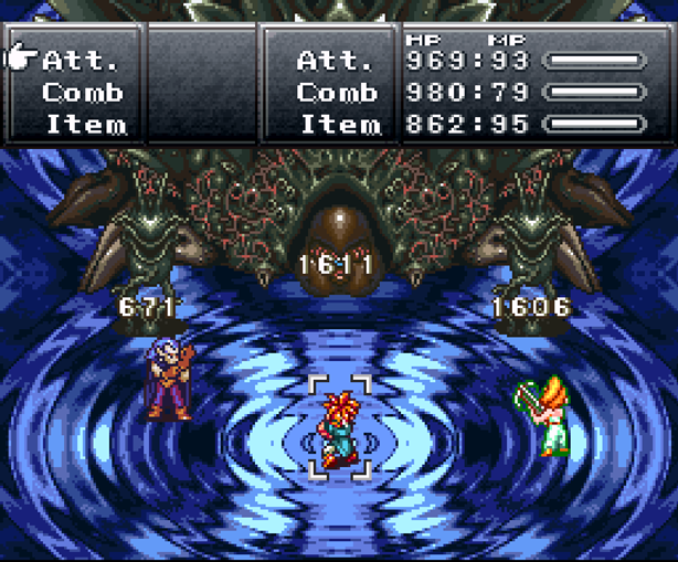 Three characters in a video game battle scene face a large, alien-like creature. Vivid blue vortex background with action menus displayed.