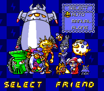 Cartoon characters stand together on a blue checkered background. Text options include "SELECT FRIEND," "AUTO," "MANUAL," "ALONE."