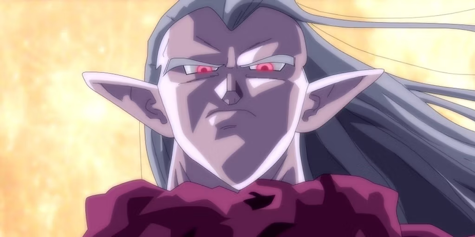 Anime character with long gray hair and pointed ears stares intensely. Background is bright yellow, creating a dramatic mood. No text visible.