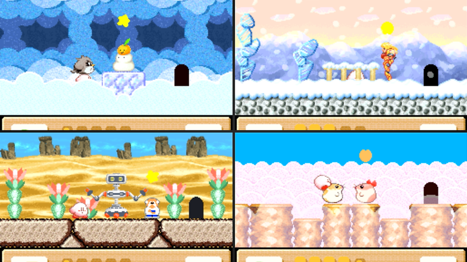 Four game scenes featuring colorful landscapes: snowy with characters and a snowman, snowy with a person jumping, desert with a robot, pink clouds with two birds.