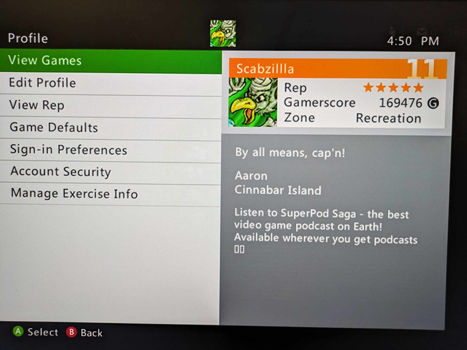 Xbox profile screen showing Scabzilla with a Gamerscore of 169476 and 5 stars. Text promotes the SuperPod Saga podcast.