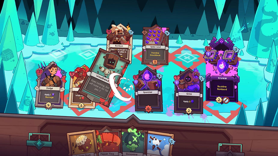 Cards in a fantasy game are displayed in a wintry landscape. Vibrant colors and detailed character designs create an engaging scene.