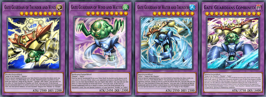 Four Yu-Gi-Oh! cards of "Gate Guardian" variants with powerful mechanical figures, vivid colors, and stats visible below each image.