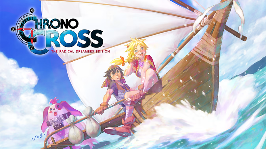 Two animated characters on a wooden sailboat in the ocean, one smiling. Logo: "CHRONO CROSS: THE RADICAL DREAMERS EDITION" above.