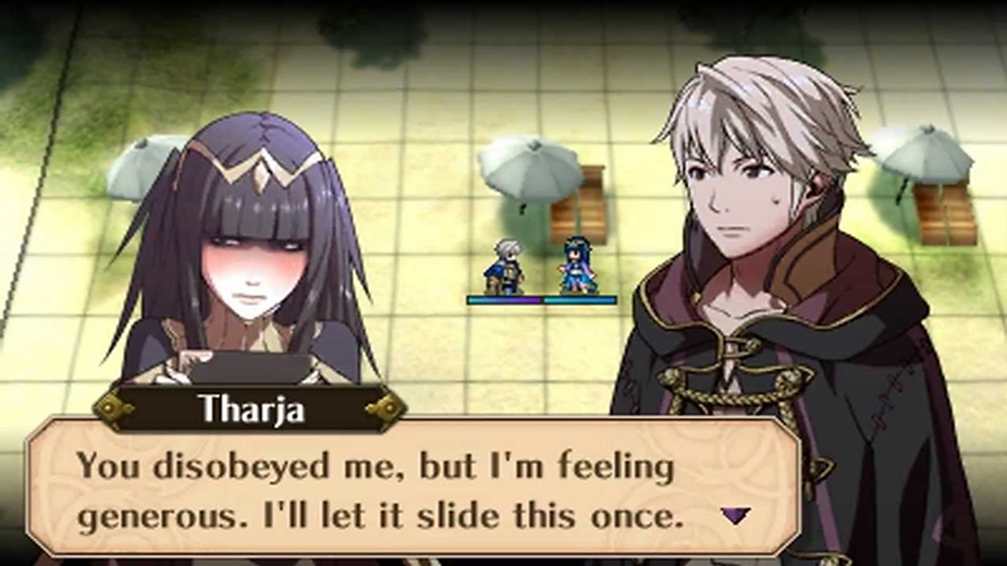 Two characters in dialogue in a game scene. One appears flustered, the other neutral. Text reads, "You disobeyed me, but I'm feeling generous."