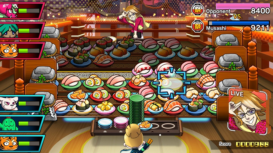 Game scene with colorful sushi plates on a conveyor belt, a character cheering, and on-screen text showing scores: Opponent 8400, Musashi 9211.