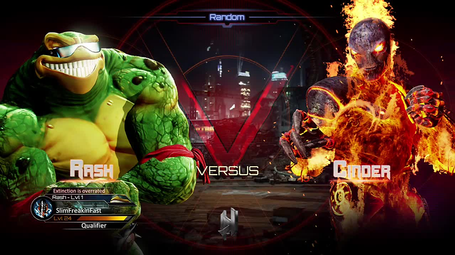 Two video game characters, Rash (green, muscular) and Cinder (fiery), face off on a dark city background. Text: Rash vs. Cinder.