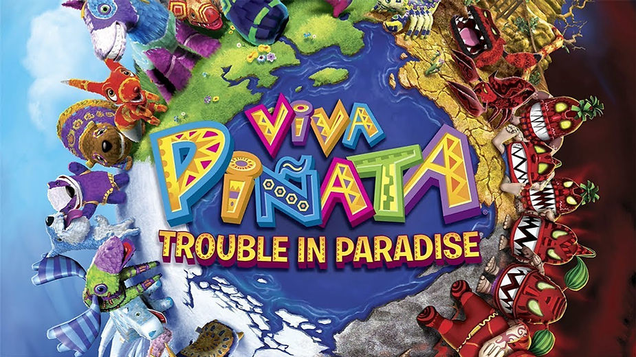 Colorful piñatas around a globe. Text: "Viva Piñata: Trouble in Paradise" in vibrant colors. Bright, playful, adventurous mood.
