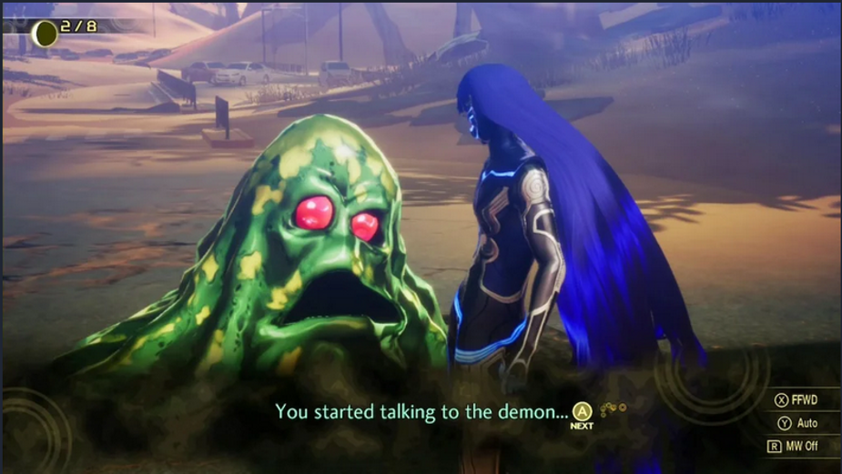 A humanoid with blue hair talks to a green, red-eyed demon in a desert setting. Text reads: "You started talking to the demon..."