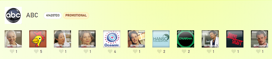 Grid of icons featuring ABC logo and "PROMOTIONAL" tag. Various characters, logos, and text, including "Grey's Anatomy" and "Drive Shaft" with heart icons.