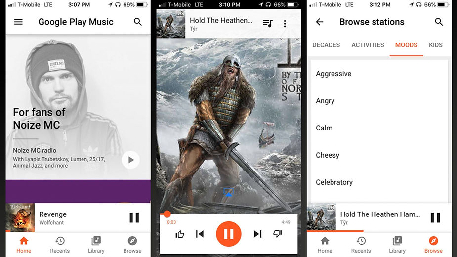 Three screenshots of Google Play Music on a phone. Left: Noize MC radio; center: Týr song with a Viking warrior; right: mood options like Angry and Calm.