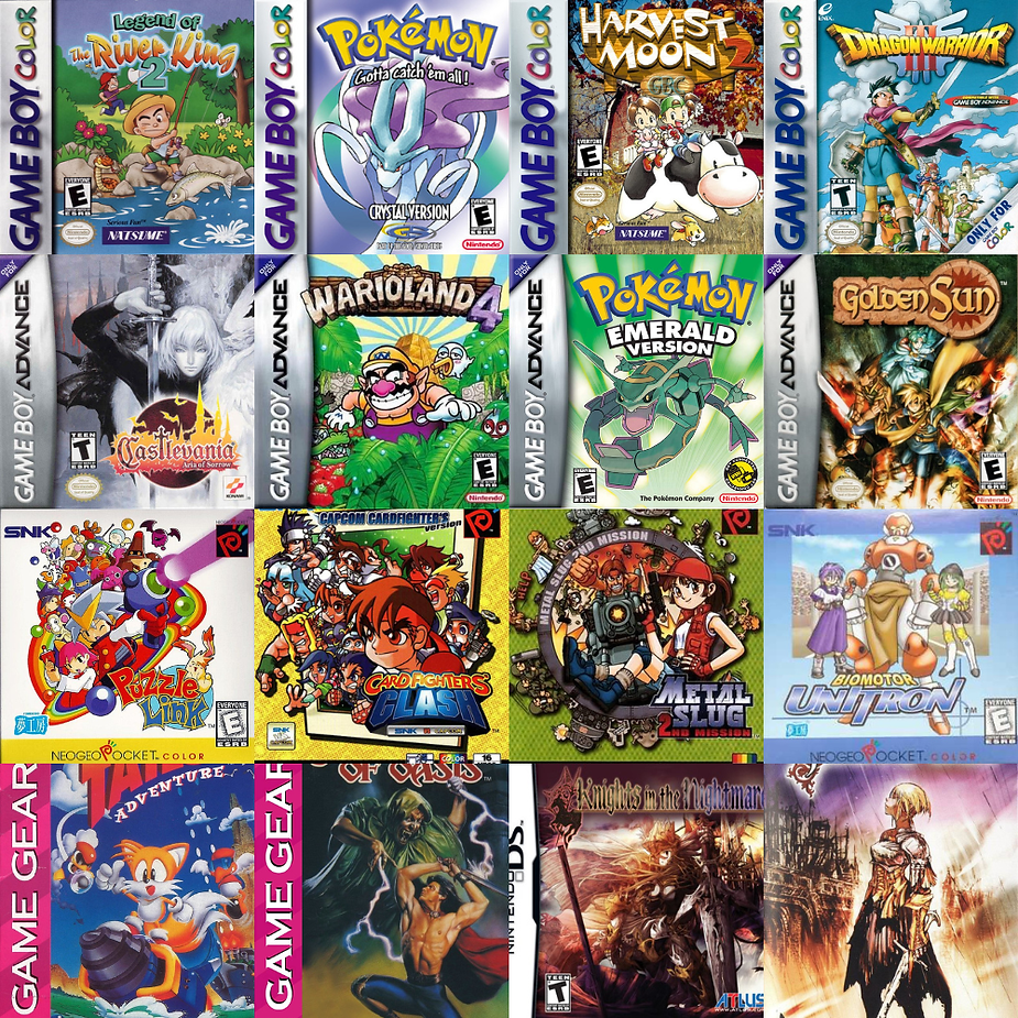 Collage of vintage game covers including Pokémon, Harvest Moon, and Golden Sun. Vibrant colors with a nostalgic, adventurous mood.