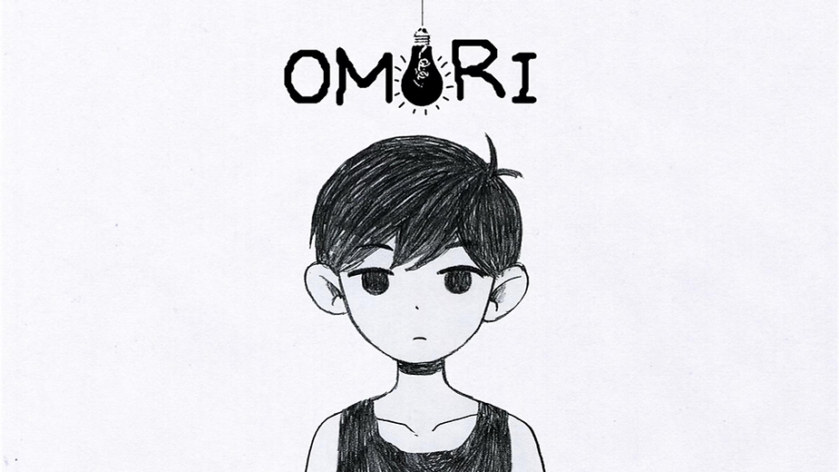 A drawing of a boy with black hair and a neutral expression on a white background. The word "OMORI" is above, featuring a light bulb design.