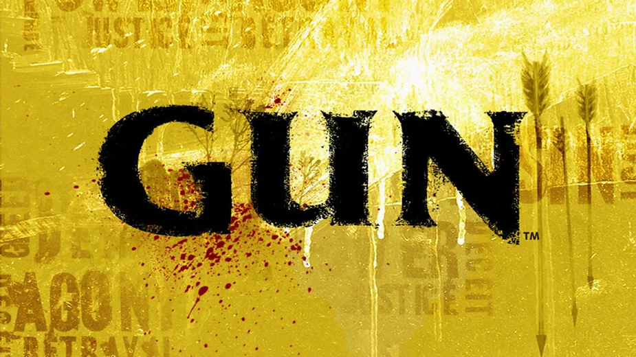 The word "GUN" in bold black text on a yellow background with red splatters. Faded text and abstract patterns in the backdrop.