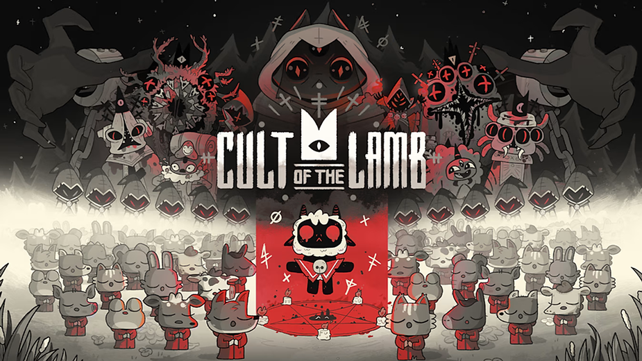 Cartoon animals in red robes gather in a forest under a large hooded character. The text "Cult of the Lamb" is prominent in the center.