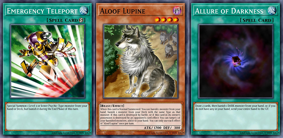 Three trading cards: "Emergency Teleport" with a robot, "Aloof Lupine" featuring a wolf, and "Allure of Darkness" depicting a dark vortex.