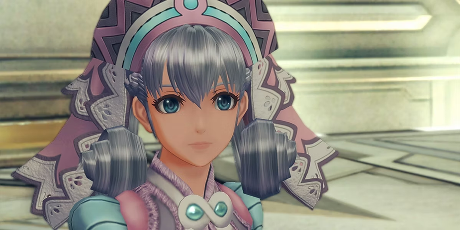 Fantasy character with silver hair, ornate pink and blue attire, appears calm. Bright, ornate background. No visible text.
