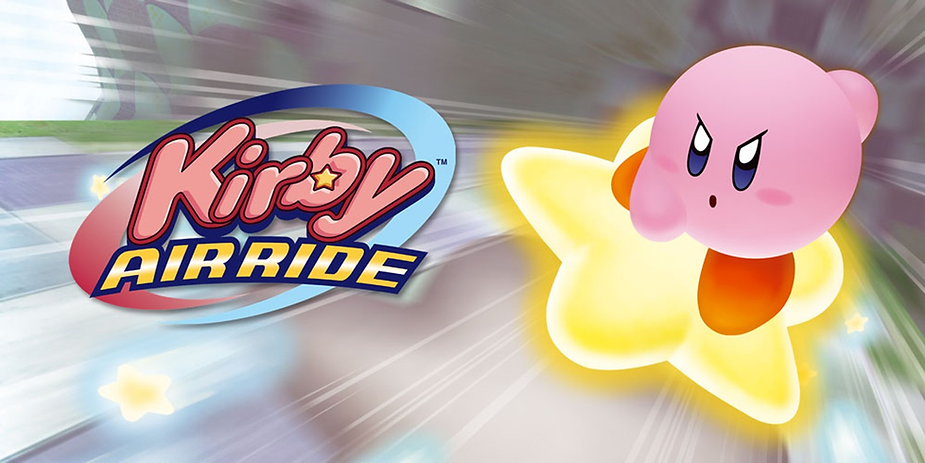 Pink character flying on a yellow star against a motion-blur background. Text: "Kirby Air Ride." Energetic and dynamic scene.