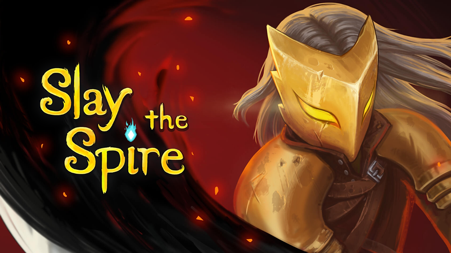 Golden-armored figure with glowing eyes on a fiery red background. Text: "Slay the Spire" in bold, yellow letters. Mysterious mood.