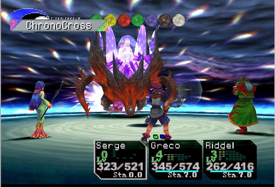 Fantasy battle scene in game. Three characters face a large, fiery creature. Stats displayed: Serge, Greco, Riddel. Energetic, tense mood.