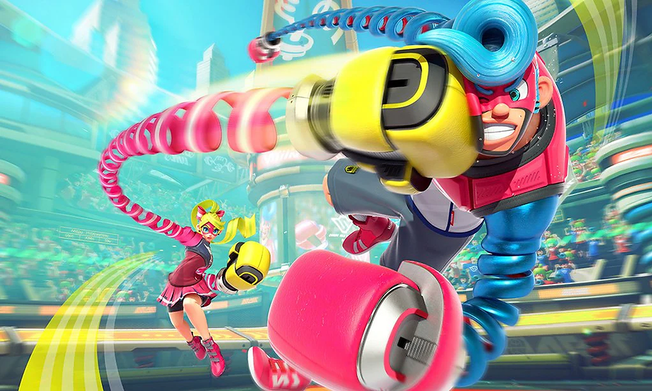 Two animated fighters with spring-like arms battle in a vibrant arena. One has blue hair and red gear, the other blond hair and pink attire. Energetic mood.
