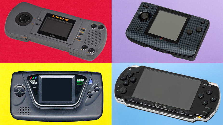 Four handheld gaming consoles on colorful backgrounds: gray on red, dotted black on purple, blue on yellow, and black on blue.