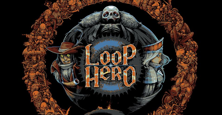 Loop Hero game cover art with a skull and two characters against a dark background. Orange text "Loop Hero" in the center, surrounded by figures.