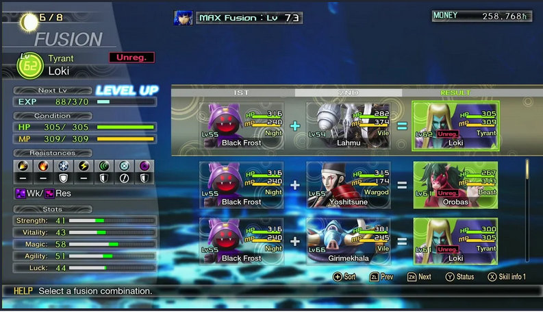 Game interface showing demon fusion with Tyrant Loki. Level up indicated. Stats, resistances, and demon combinations displayed on a blue background.