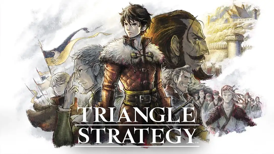 Epic fantasy illustration with diverse characters in medieval attire, castle background, and the words "Triangle Strategy" in bold.