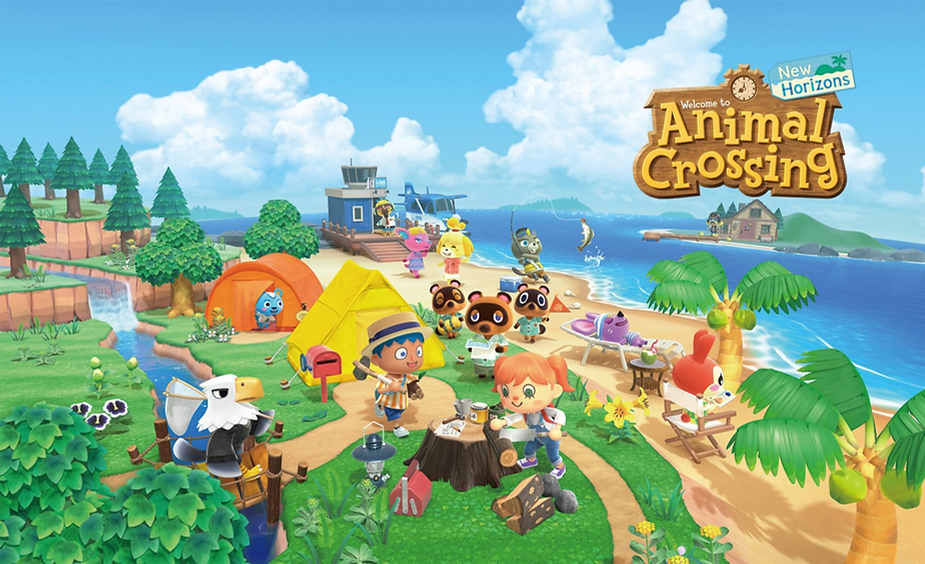 Colorful scene of characters camping by the beach with tents, trees, and ocean. Text: "Animal Crossing: New Horizons." Fun and lively mood.