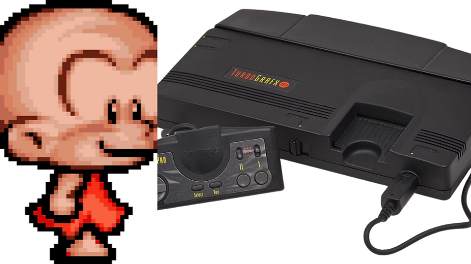 A pixelated cartoon character next to a TurboGrafx-16 game console with a controller, featuring black design and "TurboGrafx 16" text.