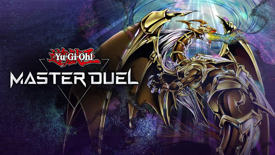 Golden dragon breathing colorful fire, surrounded by a cosmic background. Text: Yu-Gi-Oh! Master Duel. Dramatic and energetic mood.