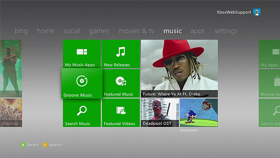 Xbox music menu showing green tiles for apps like Groove Music, New Releases; Future's music video, and Deadpool OST visible on screen.