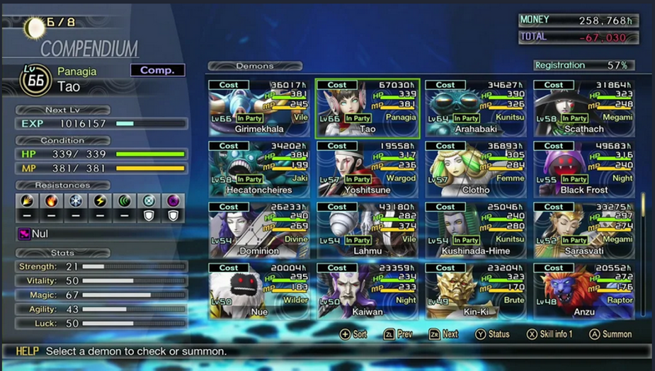 Game screen displaying a character compendium with various demon profiles, levels, stats, and costs. Blue background with menu bars.