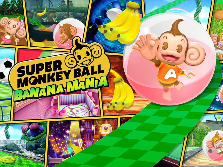 Cartoon monkey in an orange shirt with "A," in a ball on a green checkered path. "Super Monkey Ball Banana Mania" text. Bright, playful mood.