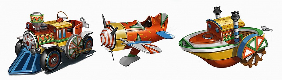 A colorful train, airplane, and boat with bold geometric patterns are displayed on a white background. Each vehicle is stylized and vibrant.