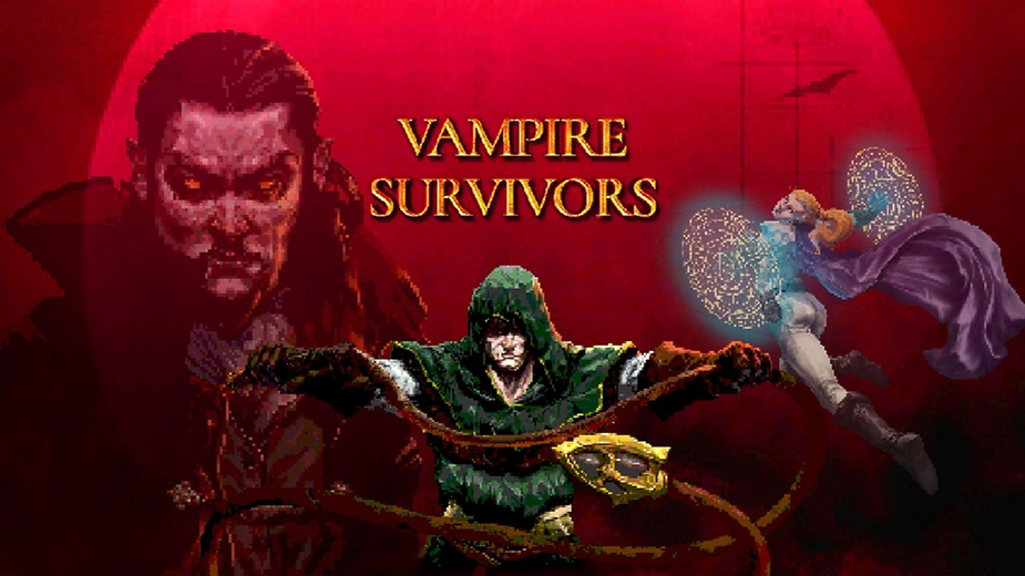 Hooded figure with weapon, vampire face, flying woman in purple; red background with text "Vampire Survivors." Dark, intense mood.